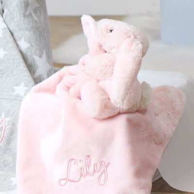 Personalised Jellycat bashful bunny pale pink soother and grey star blanket gift set Comforters and Soothers 3