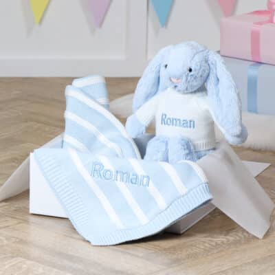 Personalised Jellycat blue bashful bunny and ziggle striped baby blanket gift set Gift Sets