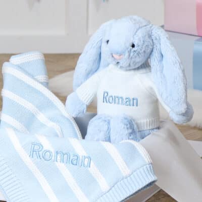 Personalised Jellycat blue bashful bunny and ziggle striped baby blanket gift set Gift Sets 2
