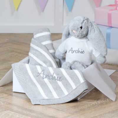 Personalised Jellycat grey bashful bunny and ziggle striped baby blanket gift set Gift Sets