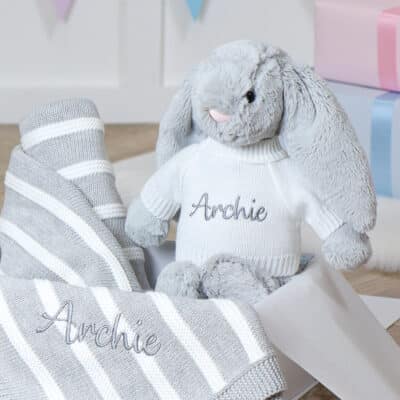 Personalised Jellycat grey bashful bunny and ziggle striped baby blanket gift set Gift Sets 2