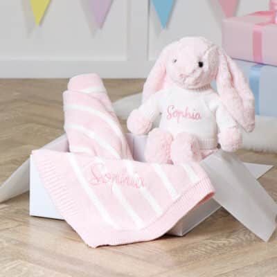 Personalised Jellycat pink bashful bunny and ziggle striped baby blanket gift set Gift Sets