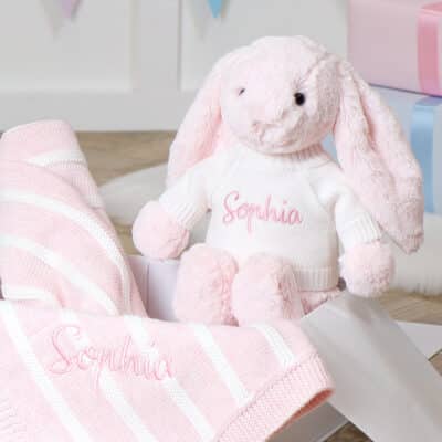 Personalised Jellycat pink bashful bunny and ziggle striped baby blanket gift set Gift Sets 2