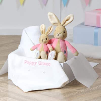 Toffee Moon personalised luxury pointelle blanket and Flopsy Bunny soft toy Characters