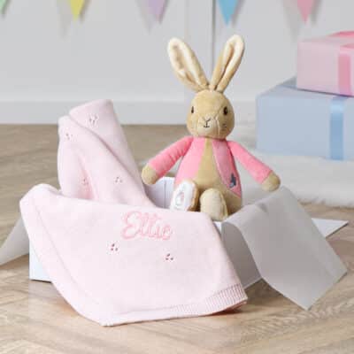 Toffee Moon personalised luxury pointelle blanket and Flopsy Bunny soft toy Characters 2