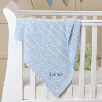 Toffee Moon personalised pale blue luxury cable baby blanket Birthday Gifts