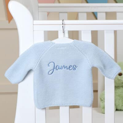 Personalised Toffee Moon pale blue bubble cardigan Baby Wear