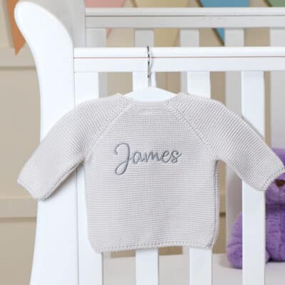 Personalised Toffee Moon glacier grey bubble cardigan Baby Wear