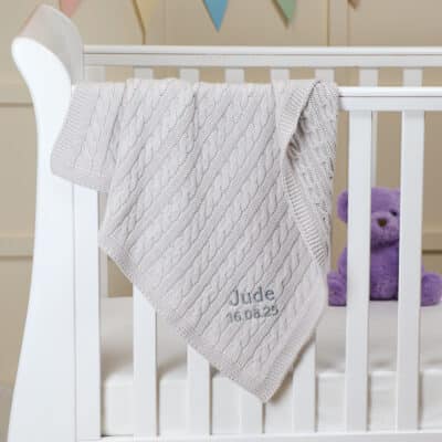 Toffee Moon personalised glacier grey luxury cable baby blanket Birthday Gifts