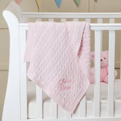 Toffee Moon personalised petal pink luxury cable baby blanket Birthday Gifts
