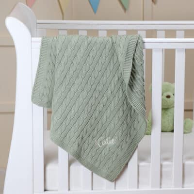 Toffee Moon personalised olive green luxury cable baby blanket Birthday Gifts