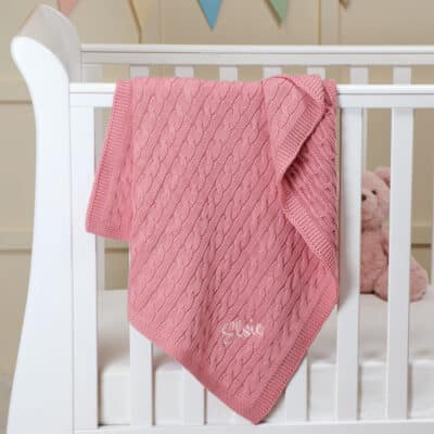 Toffee Moon personalised blush pink luxury cable baby blanket Birthday Gifts