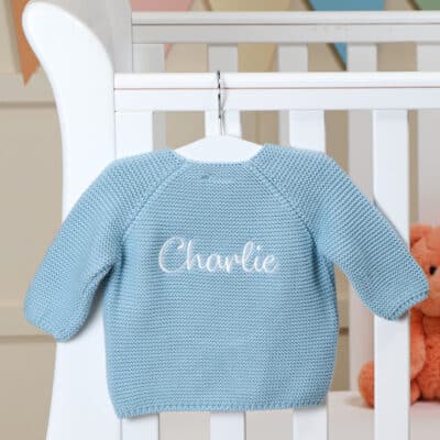 Personalised Toffee Moon seaside blue bubble cardigan Baby Wear