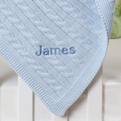 Toffee Moon personalised pale blue luxury cable baby blanket Birthday Gifts 2