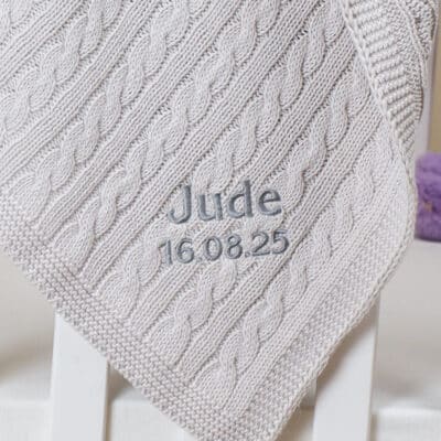 Toffee Moon personalised glacier grey luxury cable baby blanket Birthday Gifts 2