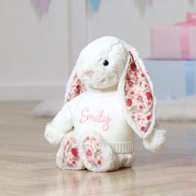 Personalised on ear and jumper Jellycat cream berry blossom bunny Baby Shower Gifts