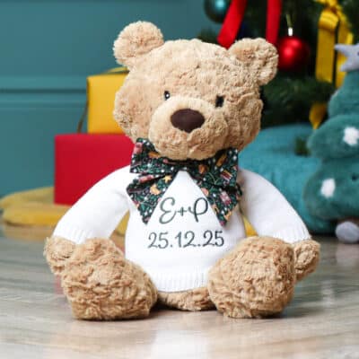 Personalised Jellycat bumbly bear medium teddy with Liberty London Green Christmas bow Birthday Gifts 2