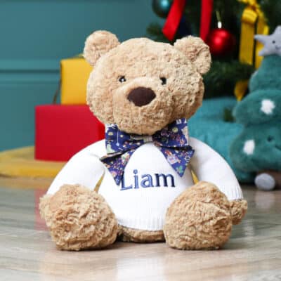 Personalised Jellycat bumbly bear medium teddy with Liberty London Navy Christmas bow Personalised Soft Toys