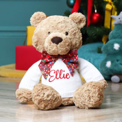 Personalised Jellycat bumbly bear medium teddy with Liberty London Red Christmas bow Christmas Gifts
