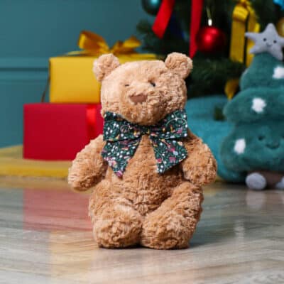 Personalised Jellycat bartholomew bear medium teddy with Liberty London Green Christmas bow Christmas Gifts