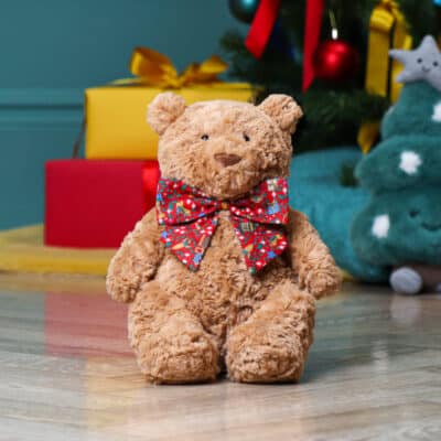 Personalised Jellycat bartholomew bear medium teddy with Liberty London Red Christmas bow Personalised Soft Toys